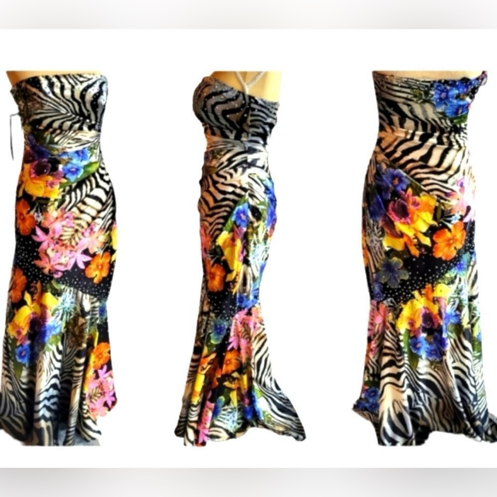 Night Moves Strapless Beaded Satin Prom Dress - 6 - Animal Floral Print - Used - Picture 3 of 6